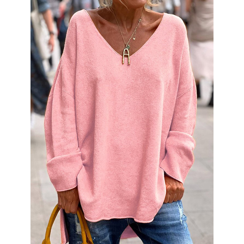 Women's Solid Color And V-neck Long Sleeve Loose Casual Top